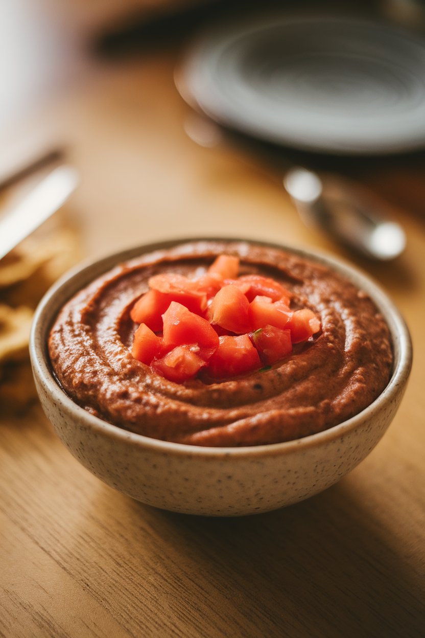 Indoor bowl of smoky chipotle black bean dip topped with diced tomatoes, no text or logos