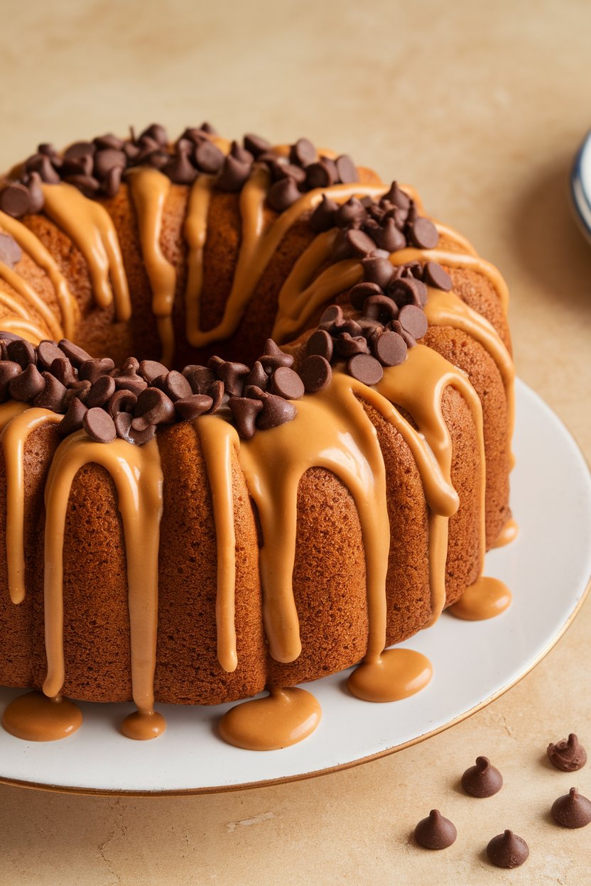 Photo indoors of a king cake drizzled with peanut butter glaze and chocolate chips; no text or logos.