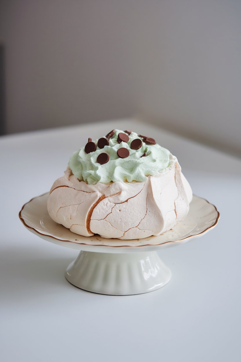 An indoor cake plate with a single-serve pavlova topped with mint-green whipped cream and mini chocolate chips, no text or logos. Photo only.