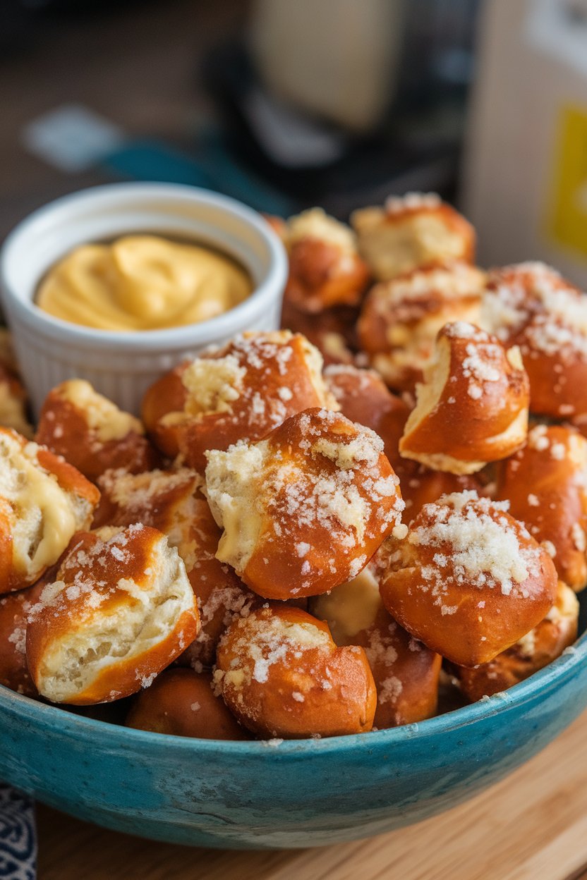 Indoor bowl overflowing with soft pretzel bites coated in melted butter, garlic, and grated Parmesan. A small ramekin of mustard sits nearby. No text or logos.