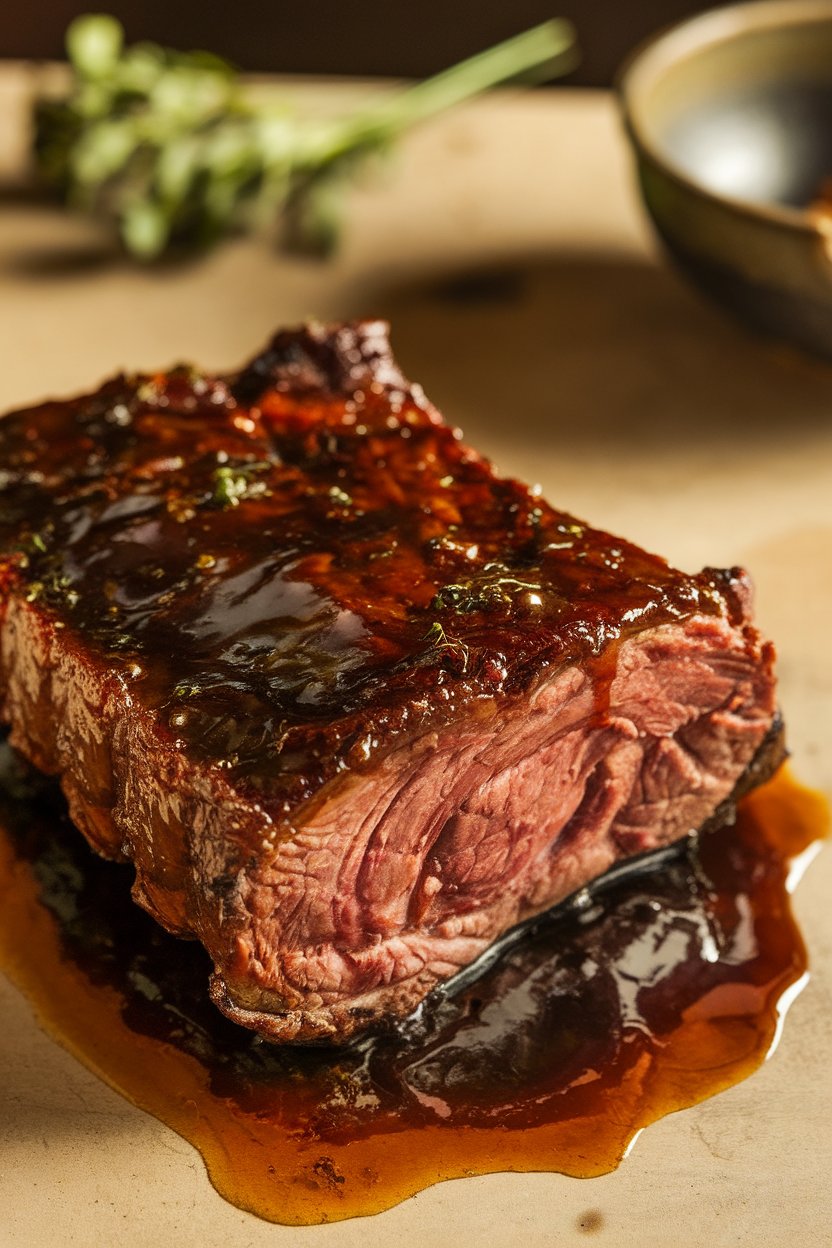 Indoor photo of short ribs in a dark cola glaze, caramelized edges showing; no text or logos