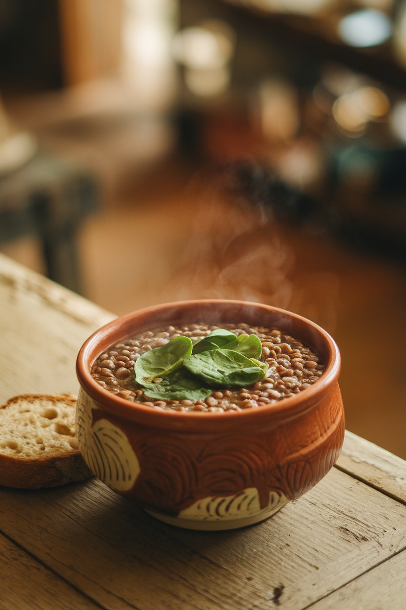 A ceramic bowl of steaming lentil soup dotted with fresh spinach leaves, placed on an indoor wooden table with a small slice of rustic bread on the side. No text or logos. Photo only.