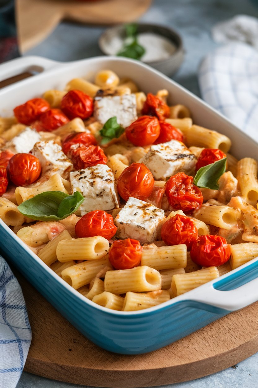 Indoor countertop featuring a casserole dish where feta and cherry tomatoes have roasted into a creamy sauce, rigatoni mixed in, basil scattered over top. No text or logos. Photo, not illustration.