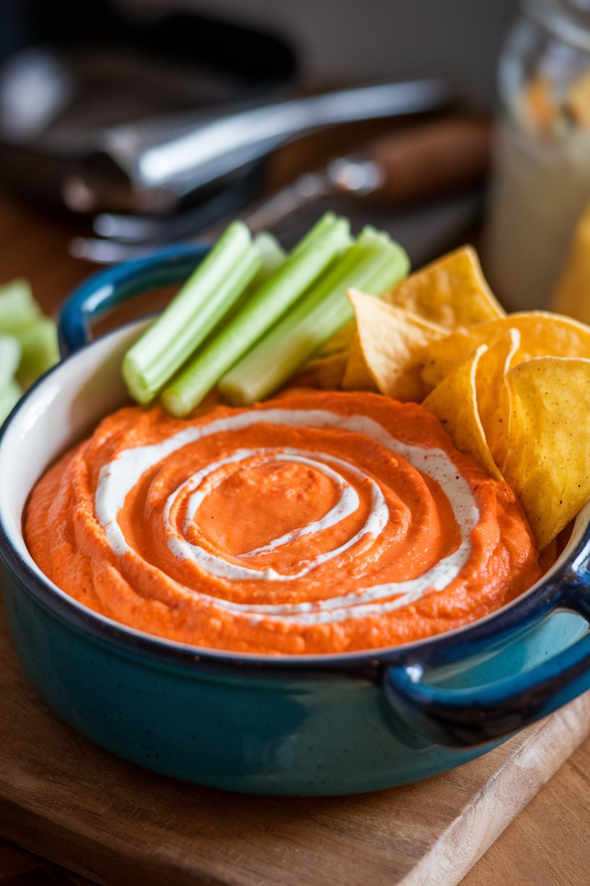 Indoor photo of a bubbling ceramic dish of orange-hued buffalo chicken dip with a swirl of ranch on top, surrounded by celery sticks and tortilla chips. Soft kitchen lighting, no text or logos.