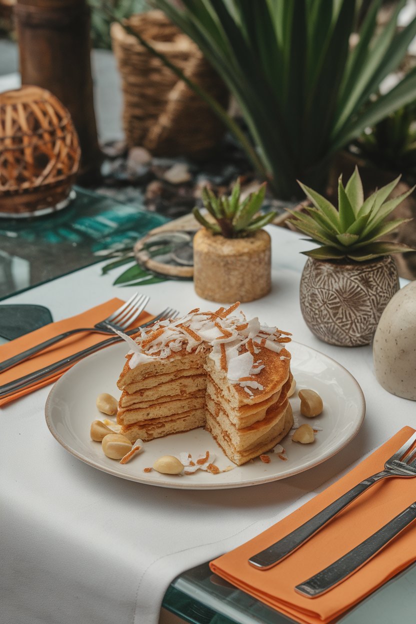 Pancake slice with toasted coconut shreds and macadamia pieces, indoor tropical breakfast table, no text or logos.