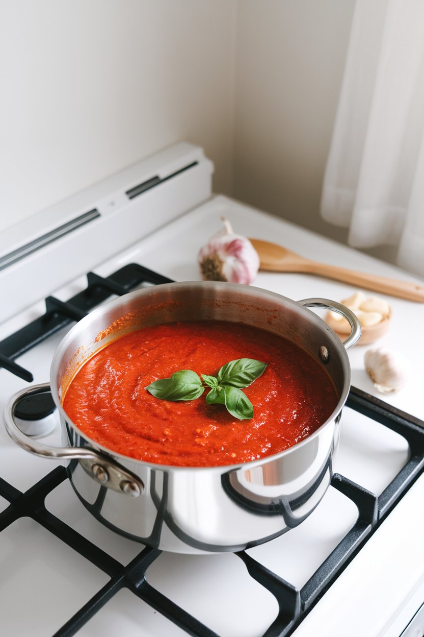Indoor stovetop scene with a pot of bright red marinara sauce, basil leaves floating. No text or logos.