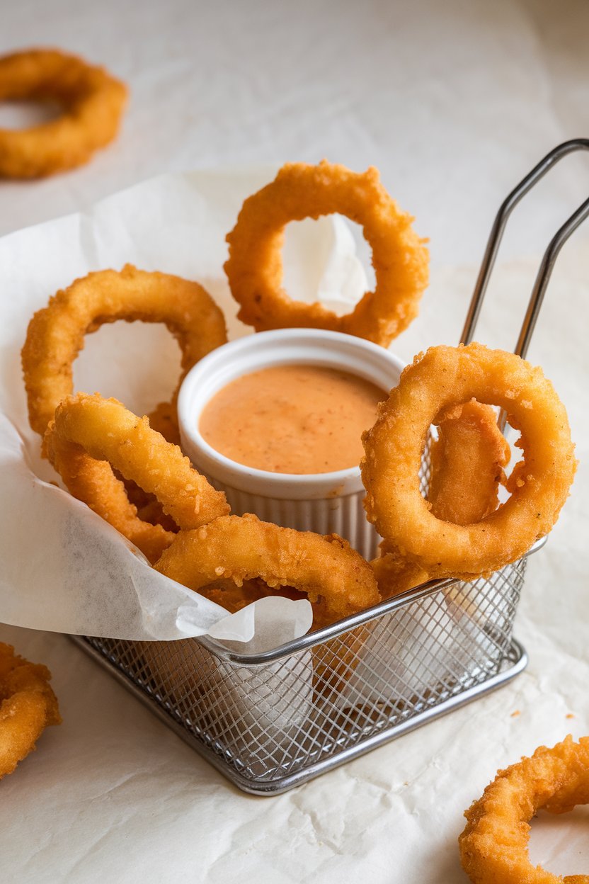 Indoor photo of a basket of golden beer-battered onion rings with a ramekin of zesty dipping sauce, all on parchment; no text or logos
