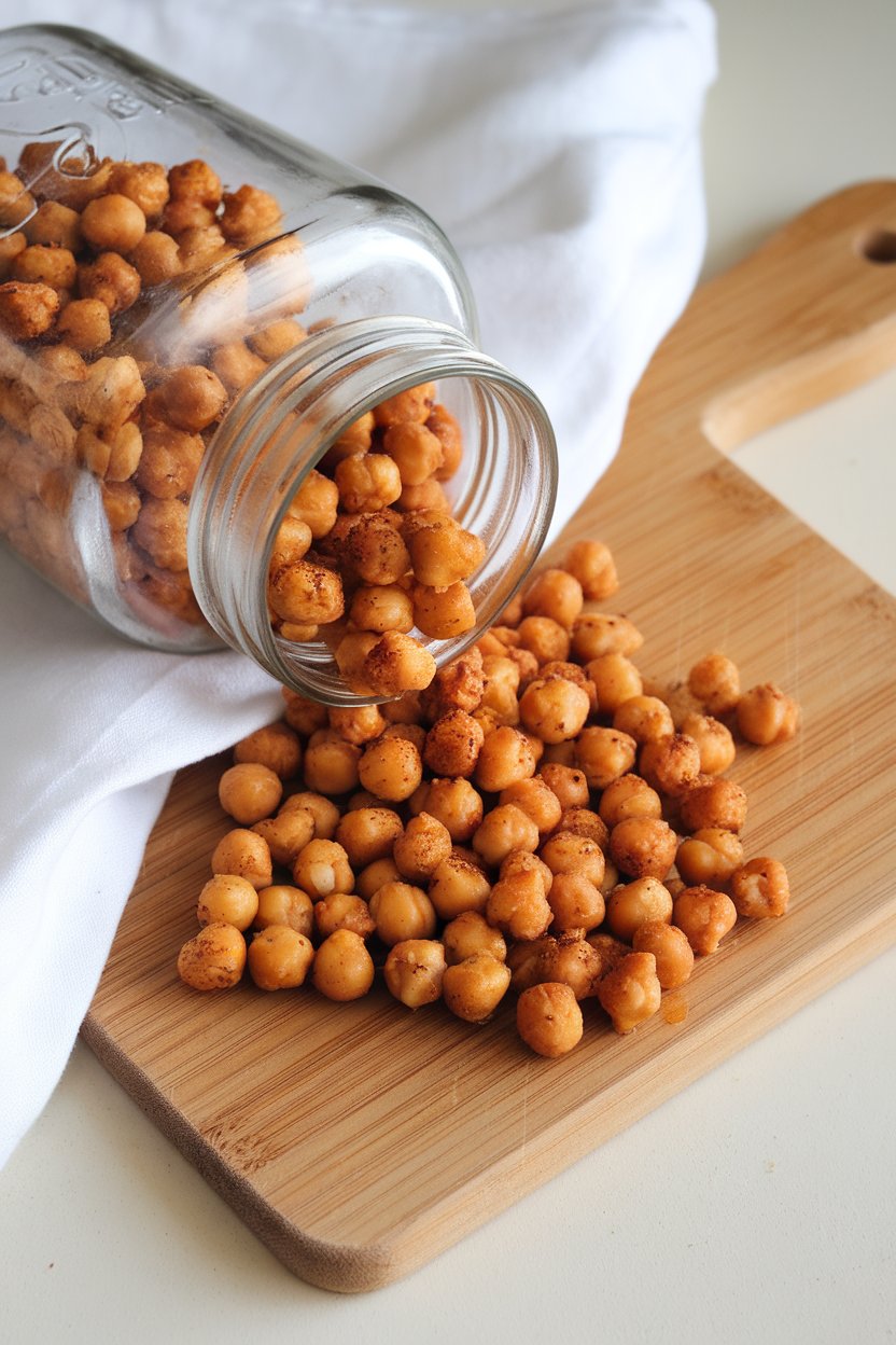 Indoor mason jar spilling crunchy roasted chickpeas onto a cutting board, no text or logos