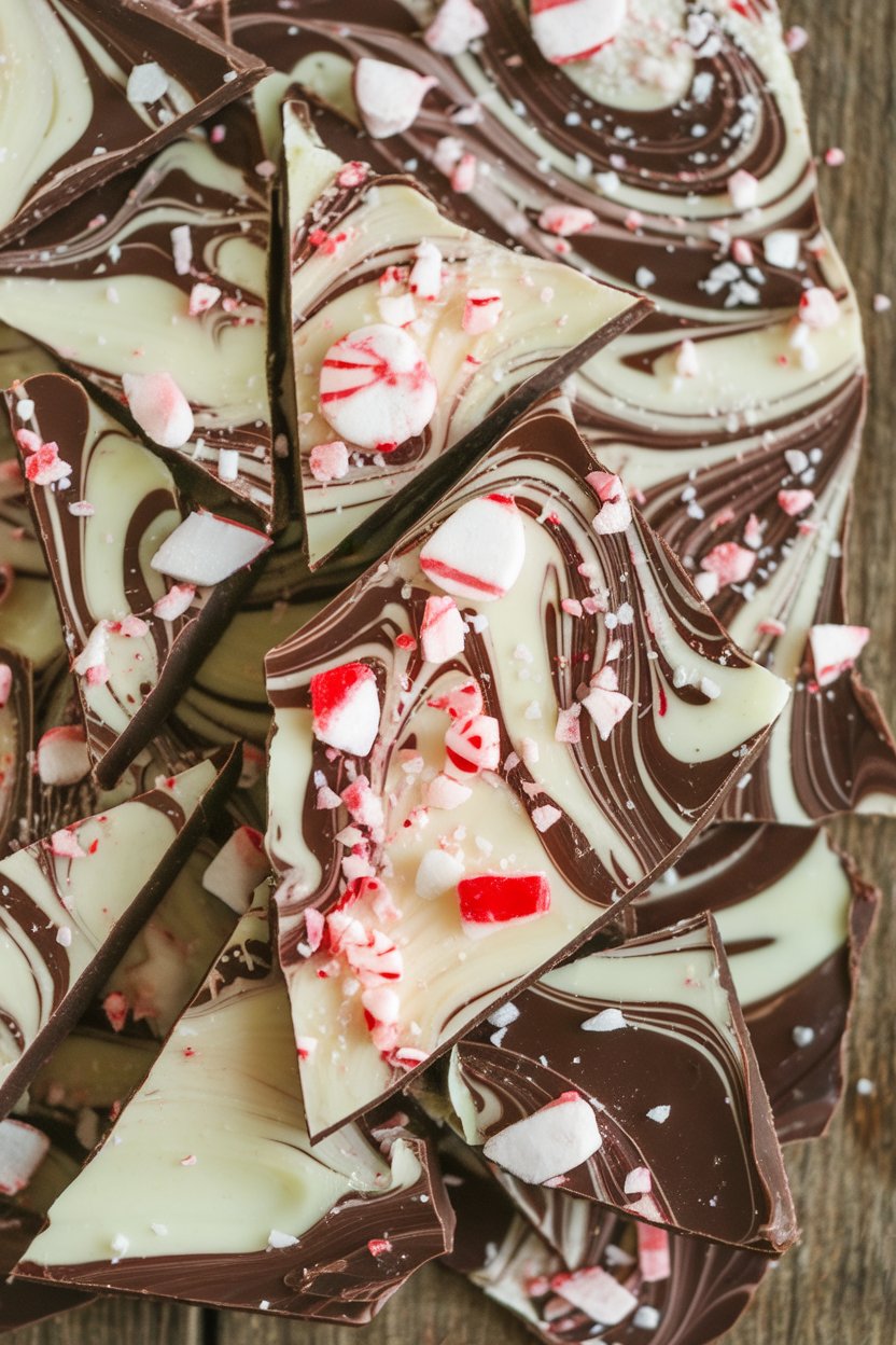 Indoor photo of swirled dark and white chocolate bark sprinkled with crushed peppermint candies, broken into triangles. No text or logos.