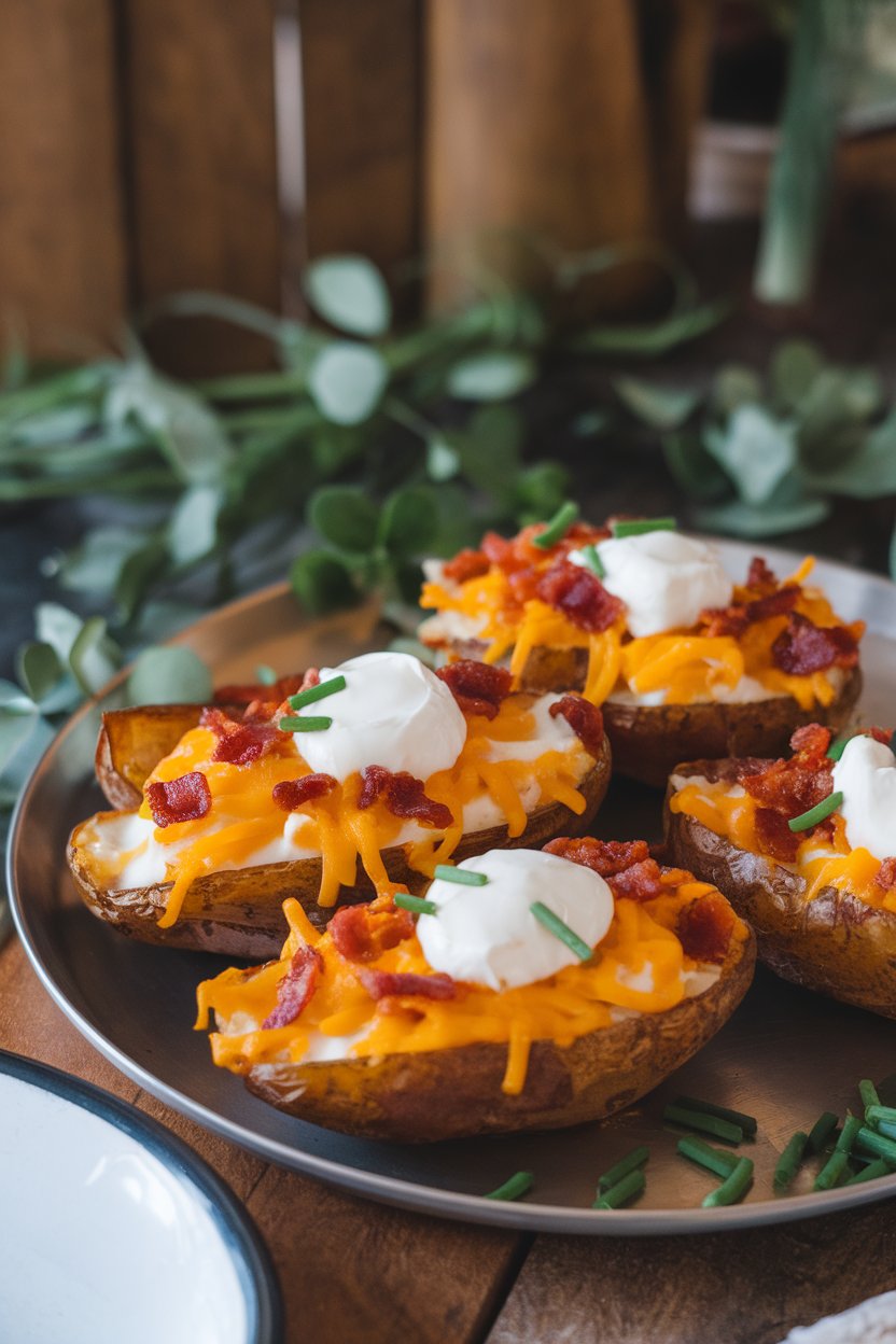 Indoor dining table featuring a platter of crispy potato skins piled with melted cheddar, bacon crumbles, and dollops of sour cream, chives scattered on top. No text or logos.