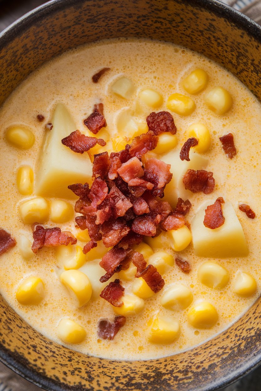 Indoor photo of a creamy chowder with golden corn kernels, diced potatoes, and scattered bacon bits, presented in a rustic bowl. No text or logos.