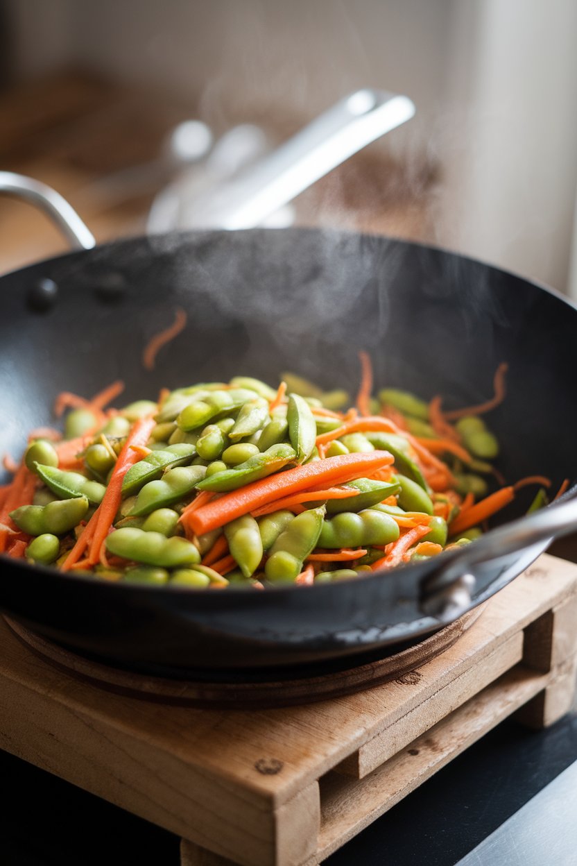 A steaming indoor wok filled with vibrant vegetable stir-fry including shelled edamame, snap peas, and carrots, placed on a wooden trivet. No text or logos. Photo, not illustration.