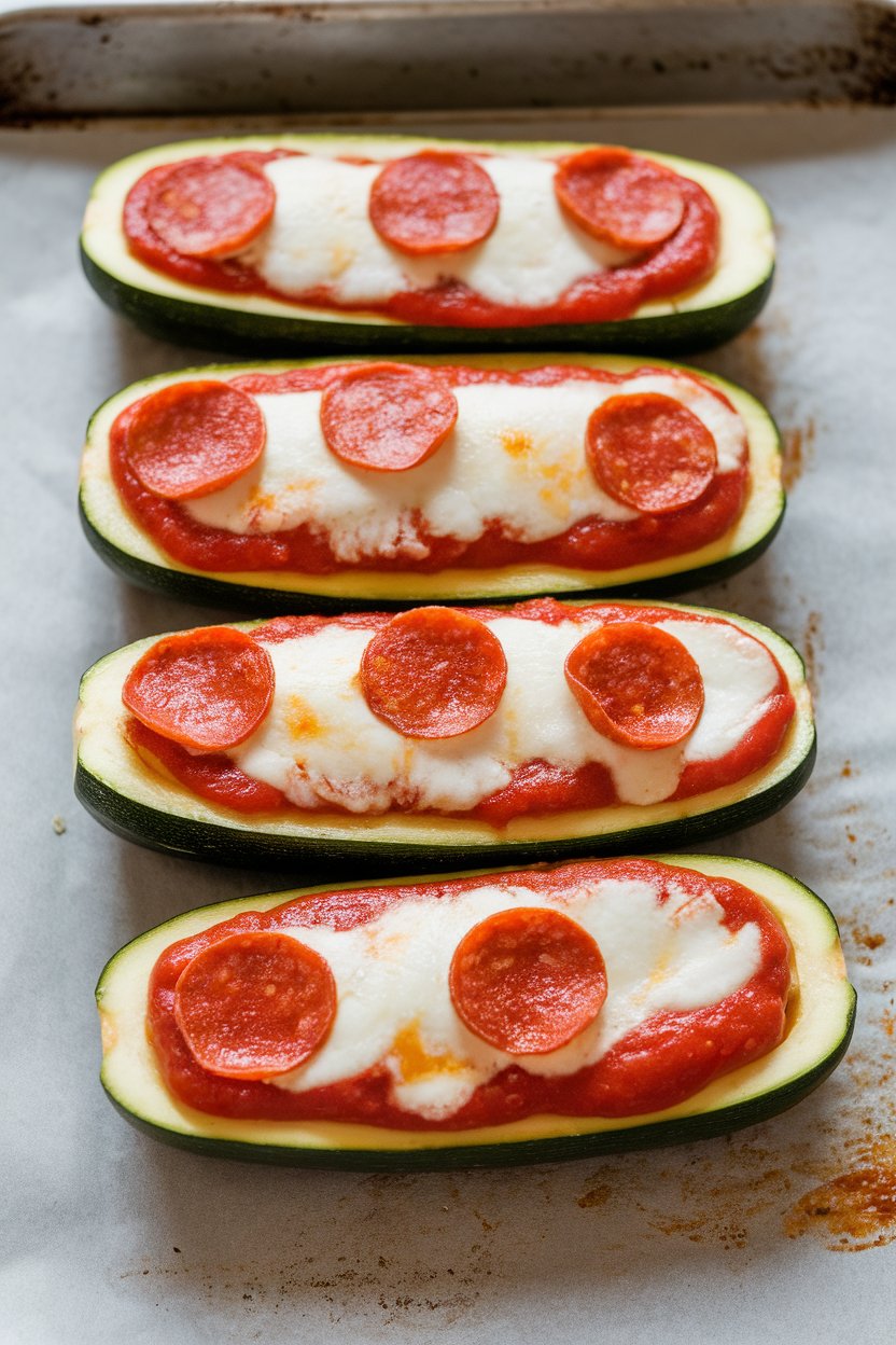 Indoor photo of halved zucchini loaded with marinara sauce, melted mozzarella, and pepperoni minis, resting on a baking sheet. No text or logos.