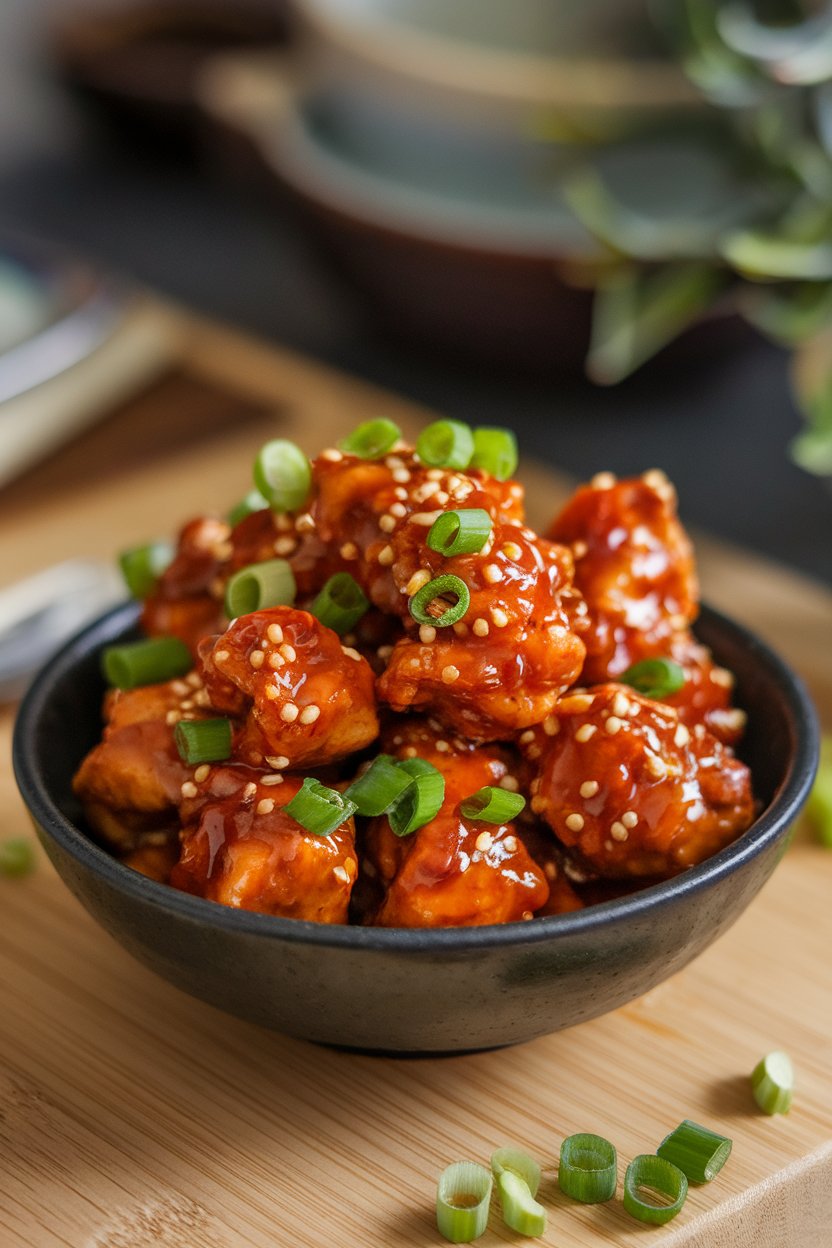 An indoor bowl of bite-sized chicken pieces coated in glossy gochujang glaze, green onions scattered on top, no visible logos.