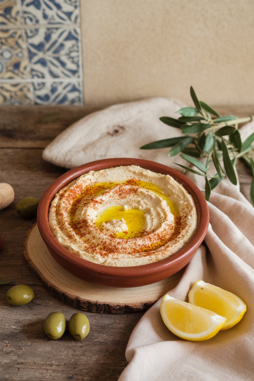 Indoor rustic table featuring a clay bowl of silky baba ganoush swirled with olive oil and sprinkled with sumac. No text or logos present.