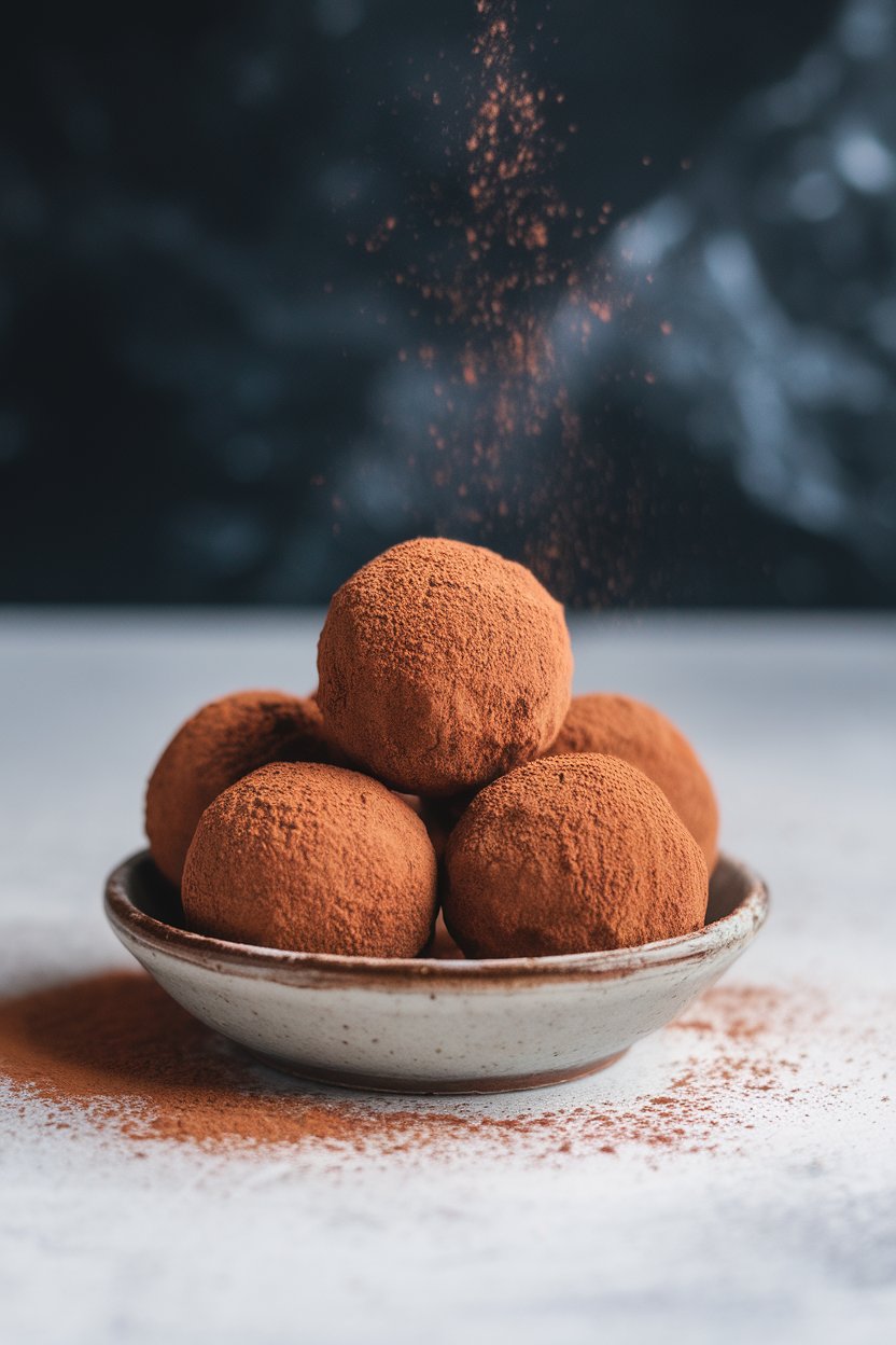 Indoor photo of round cocoa-dusted truffles in a small dish, no text or logos
