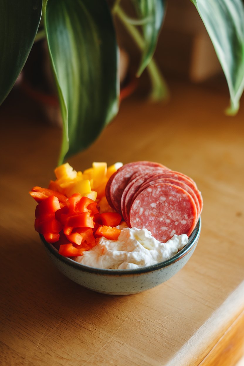 An indoor counter shot of a small bowl containing cottage cheese, turkey pepperoni rounds, and chopped bell peppers; no logos.