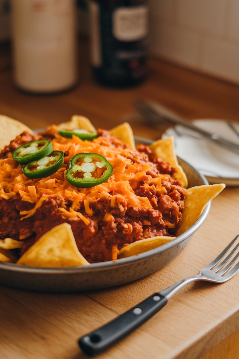 An indoor countertop with a pan of nachos smothered in hearty chili, cheddar, and jalapeños; no text or logos, photo not illustration.