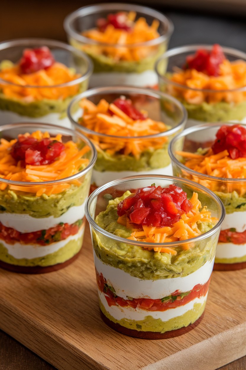 Indoor photo of individual clear cups each holding layered taco dip with guacamole, sour cream, salsa, and cheese. No text or logos.