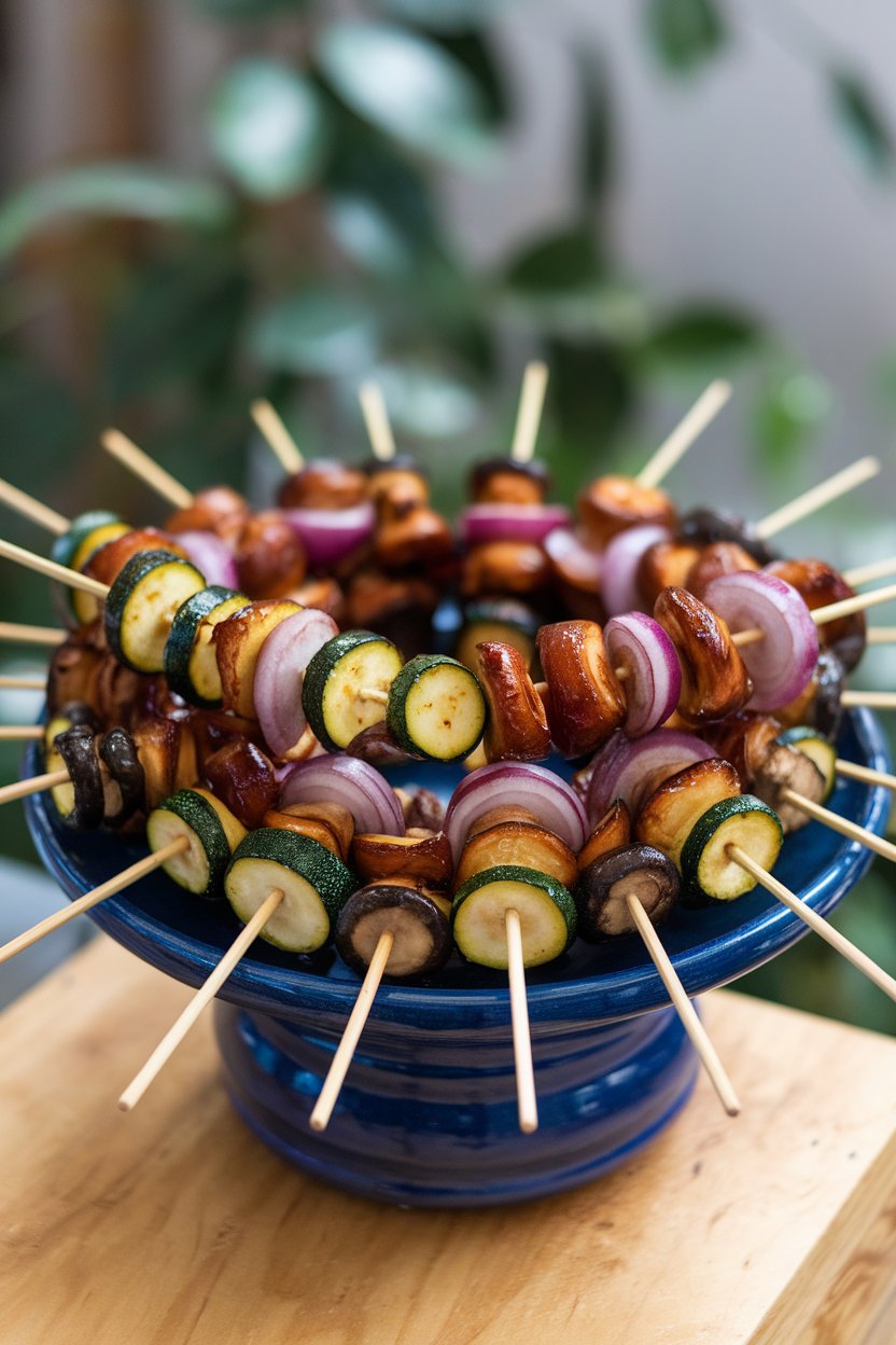 Photo prompt: Indoor ceramic platter with skewers of glazed zucchini, mushrooms, and red onion, caramelized edges gleaming. No logos or text. Photo, not illustration.