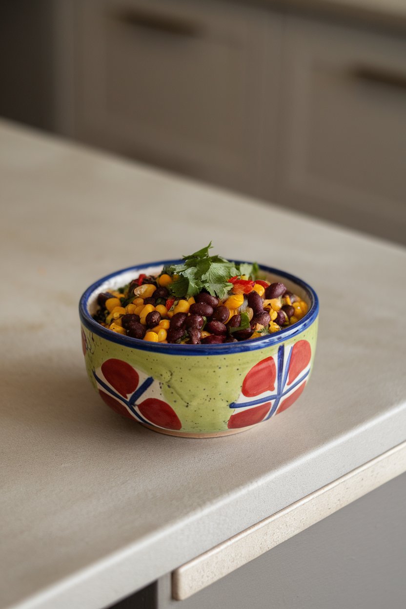 Indoor kitchen island with a colorful ceramic bowl of black bean corn salsa, flecks of red pepper and chopped cilantro visible. Overhead photo, neutral background, no text or logos.
