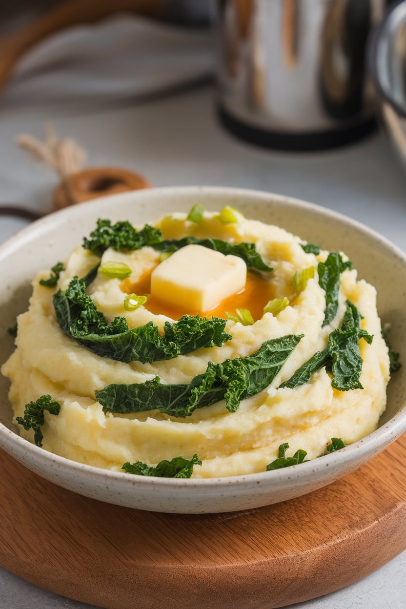 Indoor photo of creamy mashed potatoes swirled with bright green kale ribbons and scallions, a knob of butter melting on top, no text or logos