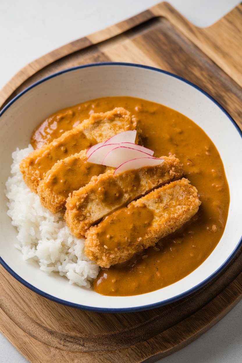 An indoor plate with breaded tofu cutlets over rice, ladled with golden Japanese curry sauce, pickled radish garnish. No text or logos. Photo.