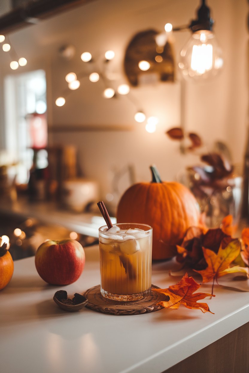 Indoor autumn-themed counter with a rocks glass of spiced apple cider rum runner, cinnamon stick stirrer, no logos or text. Photo only.