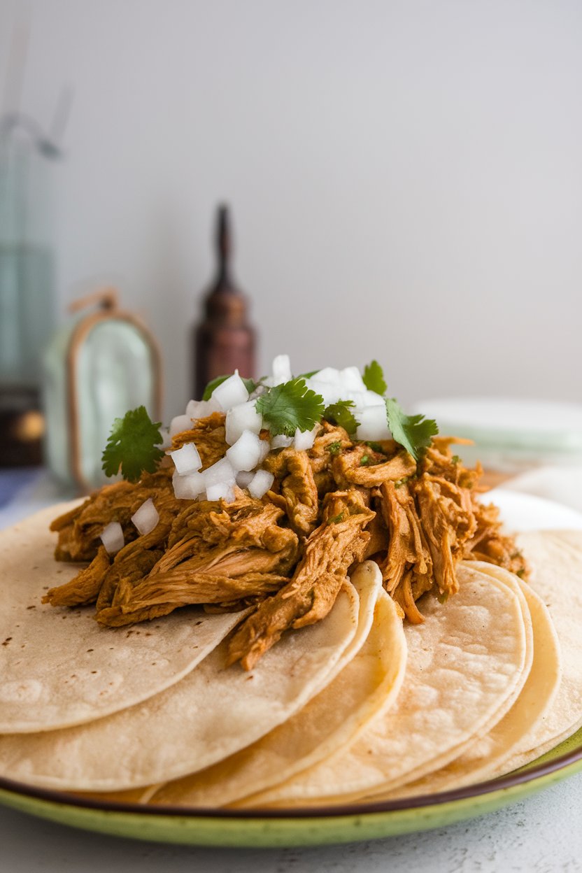 Indoor taco platter with soft tortillas, shredded green-sauced chicken, diced onions, and cilantro. Photo only.