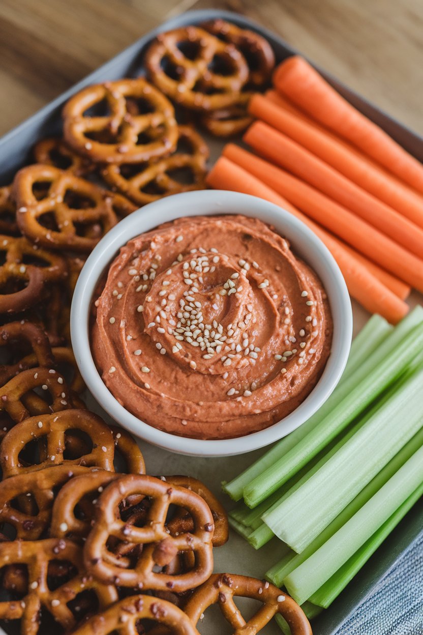 An indoor snack tray displaying a bowl of reddish gochujang cream cheese dip with sesame seeds on top. No branding or text.