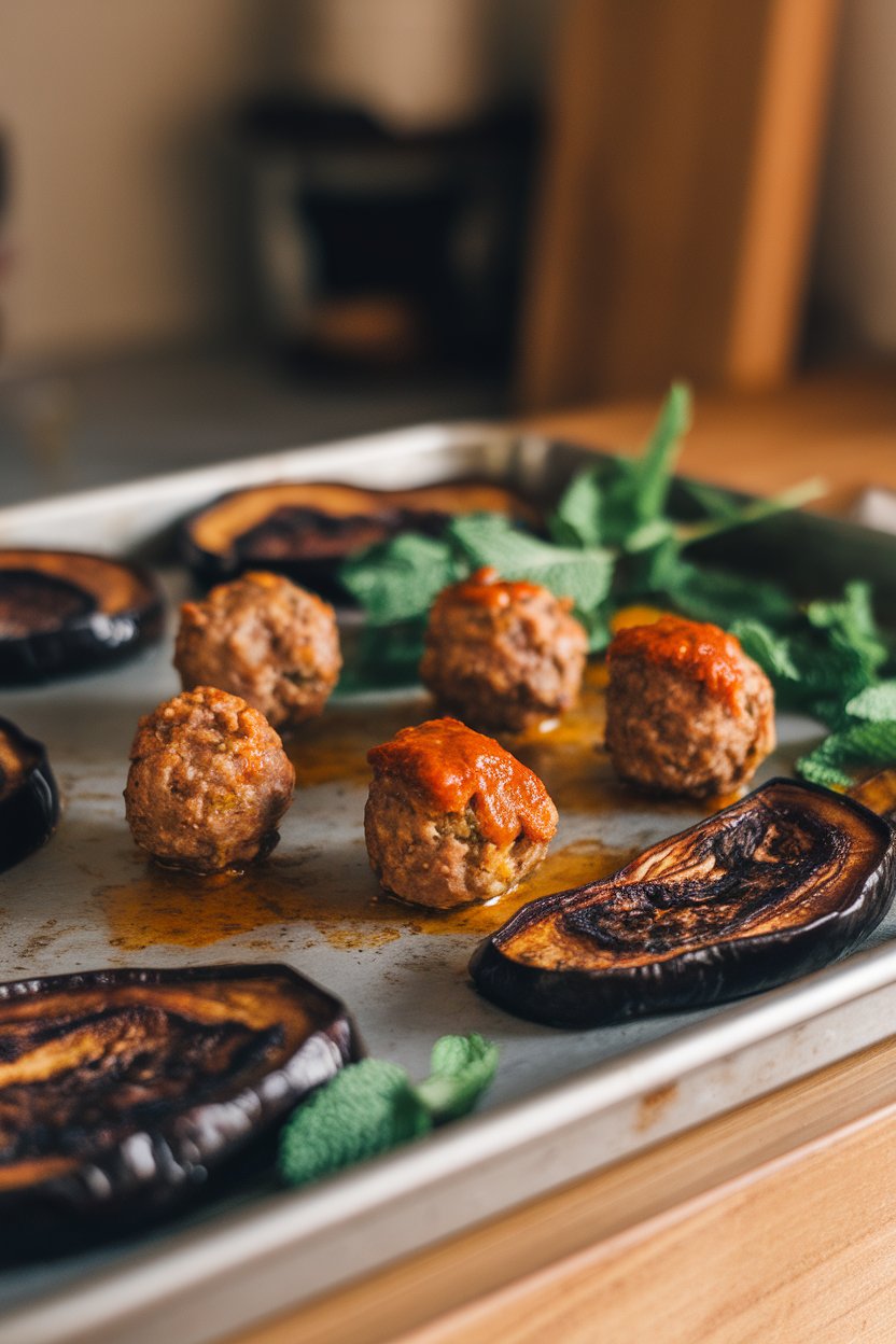 Indoor photo of small lamb meatballs glazed with harissa, roasted eggplant slices, and fresh mint on a sheet pan; warm light, no text or logos