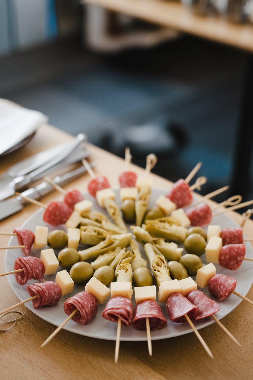 Indoor photo of skewers featuring salami, olive, artichoke heart, and cheese cube, no text or logos.