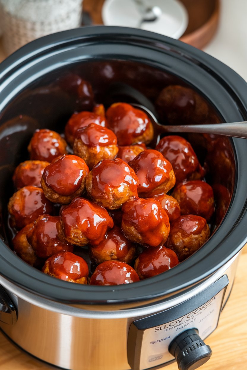 Photo prompt: Indoor slow cooker filled with glossy vegan meatballs coated in grape jelly barbecue sauce, serving spoon resting. No text or logos. Photo, not illustration.