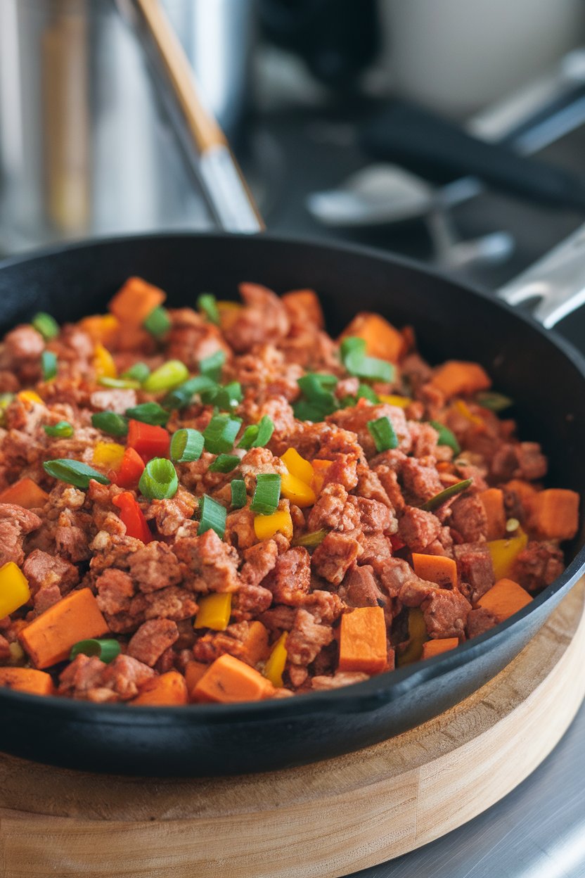 A skillet indoors with a colorful hash of diced sweet potatoes, ground turkey, and bell peppers, garnished with green onions. No text or logos.