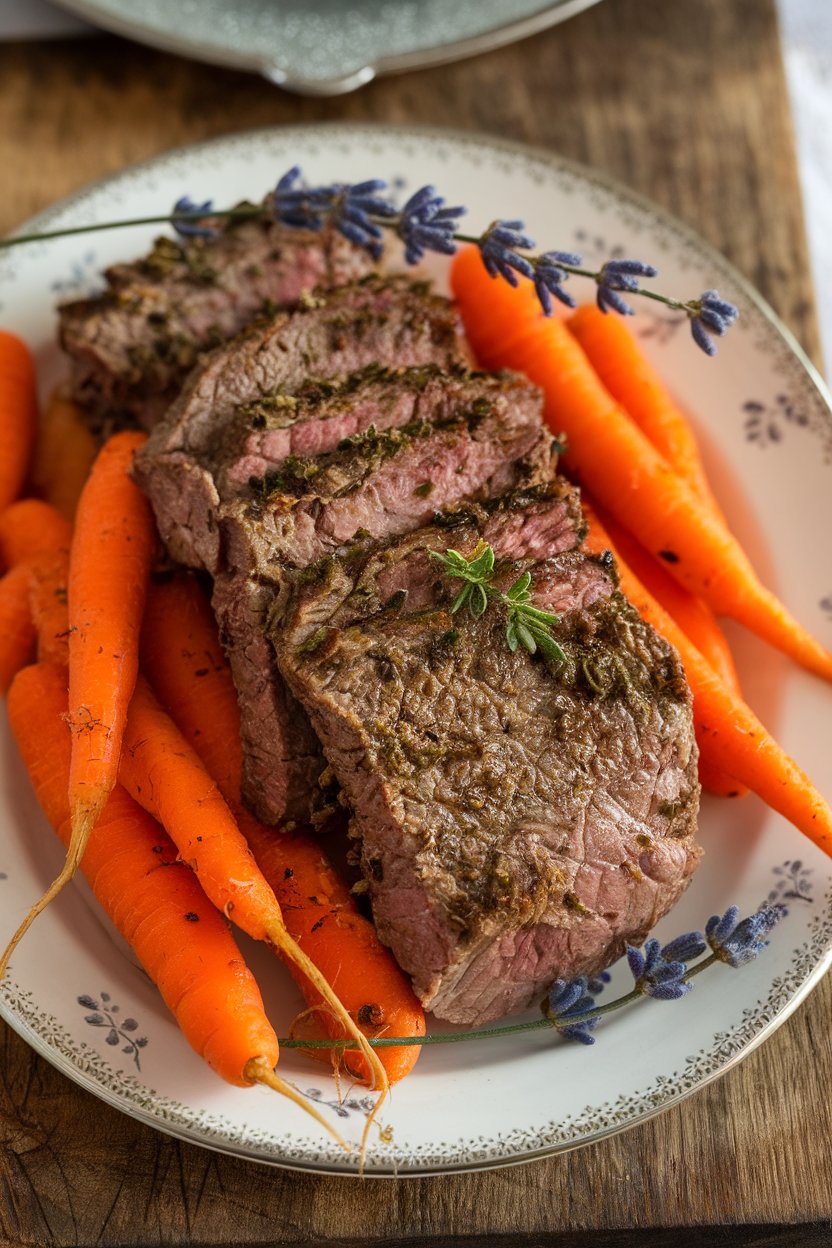 Indoor French country-style platter of beef with herb flecks and baby carrots, lavender sprig garnish. No logos, no text.