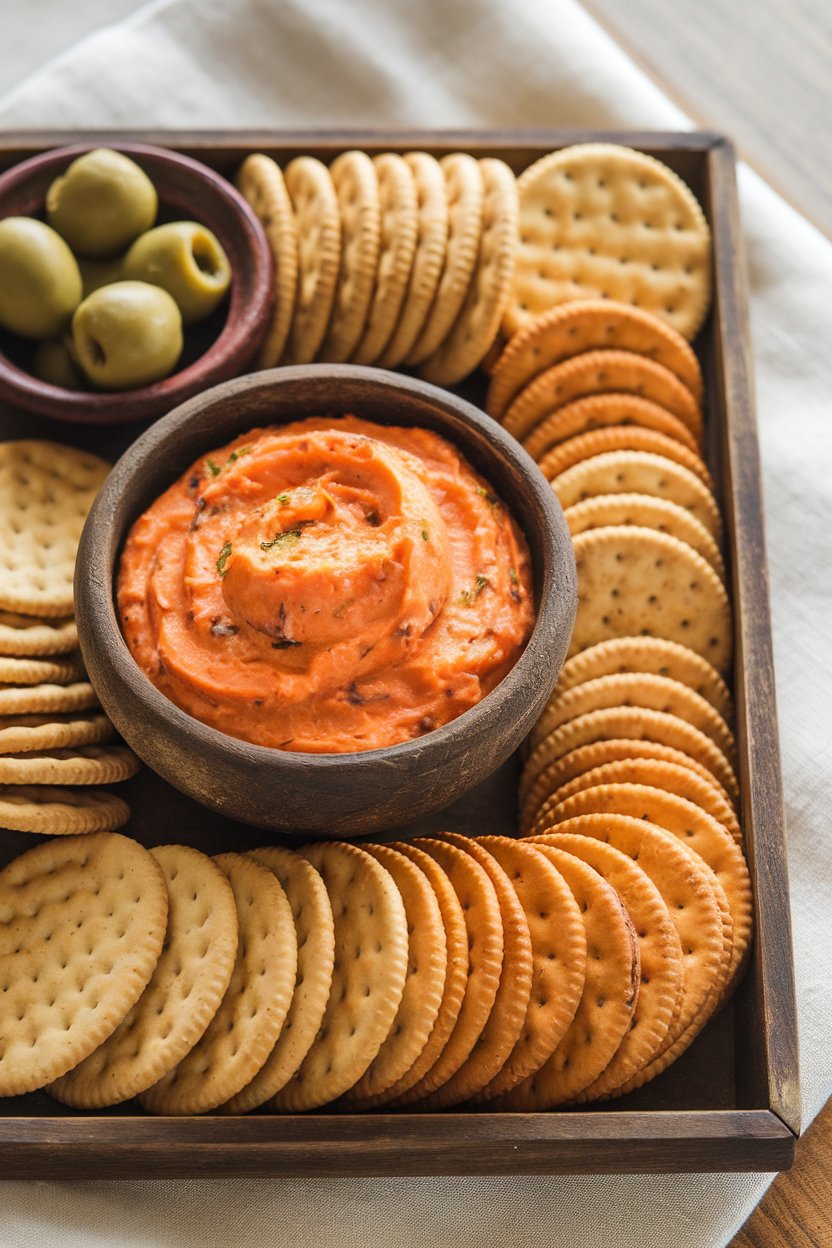 Indoor Southern-style snack tray with a rustic bowl of orange pimiento cheese, assorted crackers arranged neatly. No text or logos.