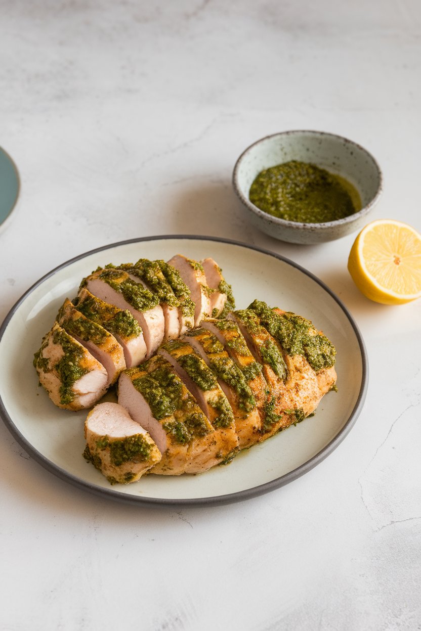 Indoor kitchen counter displaying cooked chicken breasts coated in green pesto, sliced and arranged neatly. No text or logos.