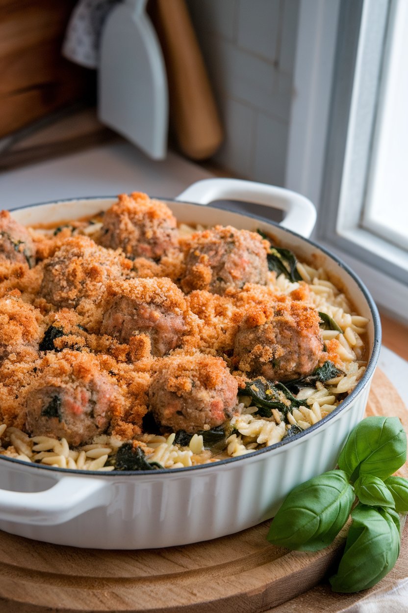 Indoor photo of tiny meatballs, orzo, spinach, and parmesan baked in light broth-turned-sauce, topped with breadcrumbs. No text or branding.