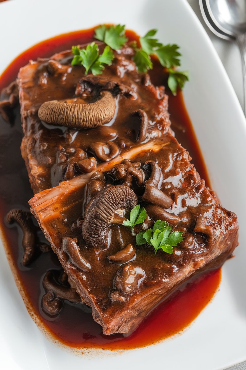 Indoor photo of short ribs in a dark Chianti-porcini sauce, garnished with parsley; no text or logos