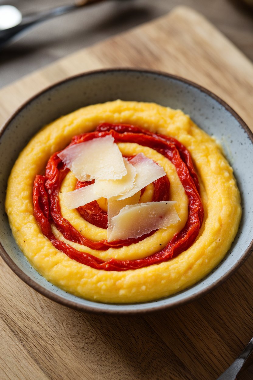 A shallow indoor bowl of creamy yellow polenta swirled with red sun-dried tomato bits and Parmesan shavings. No text or logos. Photo.