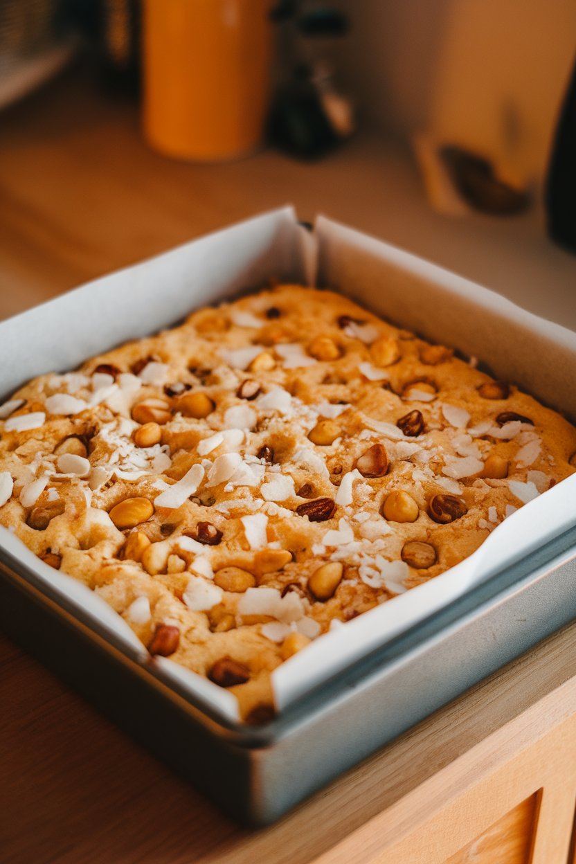 A warmly lit indoor baking pan filled with golden cookie bars studded with macadamias and coconut flakes. Photo, no text or logos.