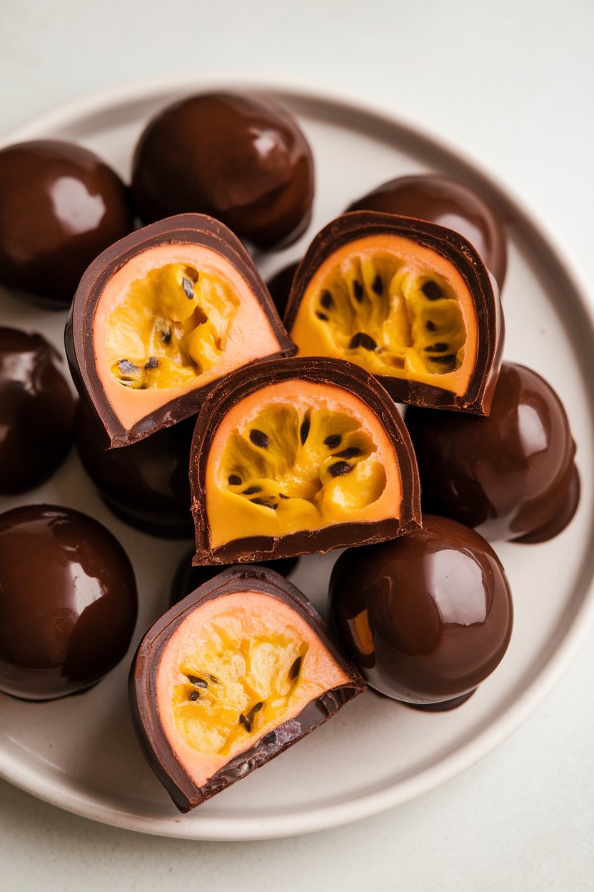 Photo of glossy dark chocolate bonbons cut open to reveal bright passion fruit ganache, arranged on an indoor white plate. No text or logos visible.