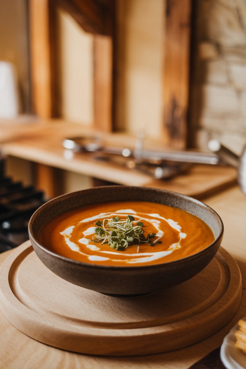 An indoor bowl of silky orange soup garnished with a swirl of yogurt and micro-greens. Warm kitchen lighting; no visible text or logos.