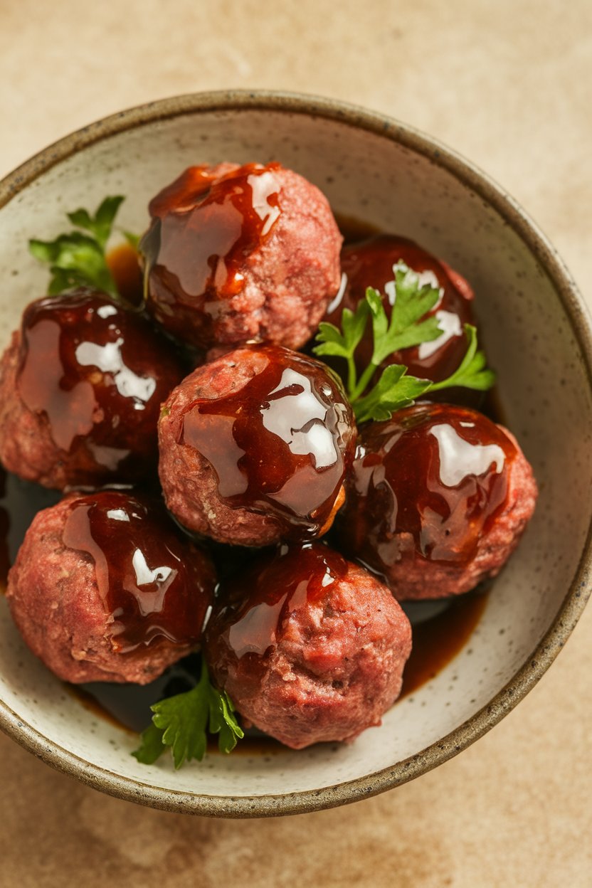 An indoor shallow bowl of cocktail beef meatballs lacquered in dark glossy stout glaze, garnished with parsley. No logos or text.