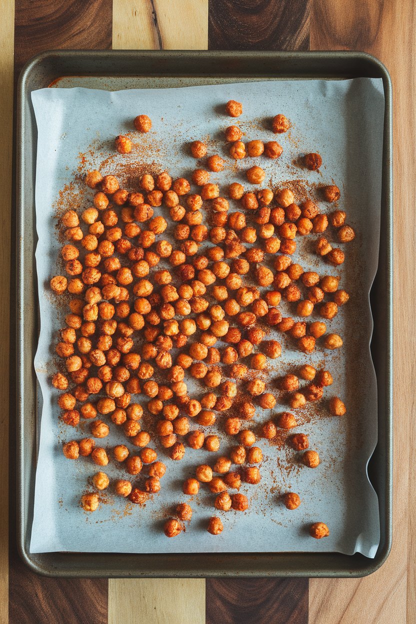 An indoor oven tray lined with parchment showing crispy roasted chickpeas coated in paprika and cayenne, no logos.