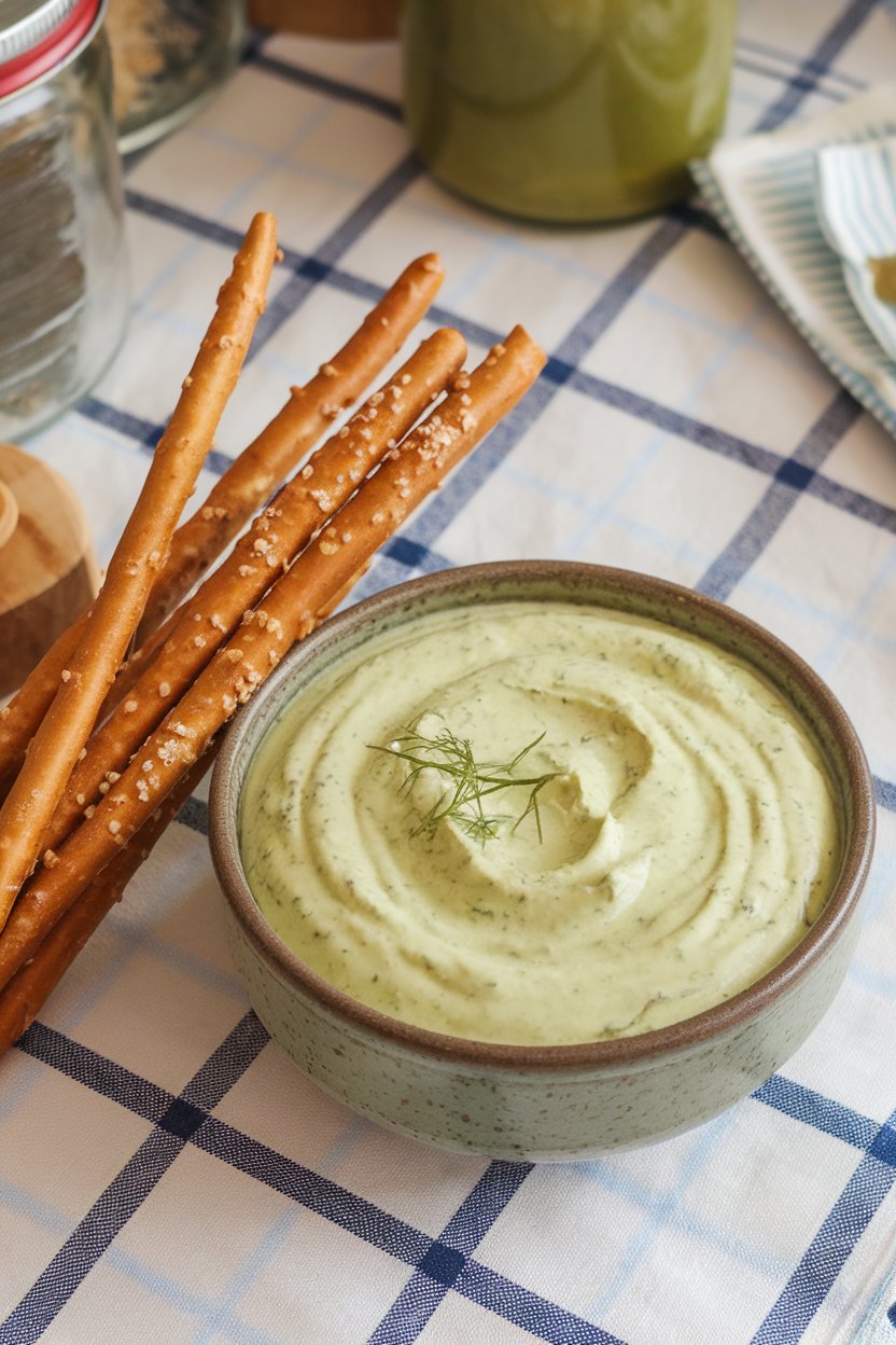 Indoor picnic-style table featuring a bowl of dill pickle dip dotted with green bits, pretzel rods leaning against the bowl. No logos or text.