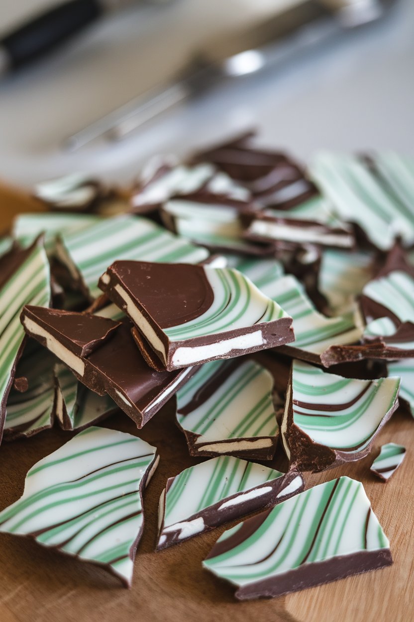 Indoor photo of broken pieces of dark and white chocolate bark marbled with green mint stripes, no text or logos
