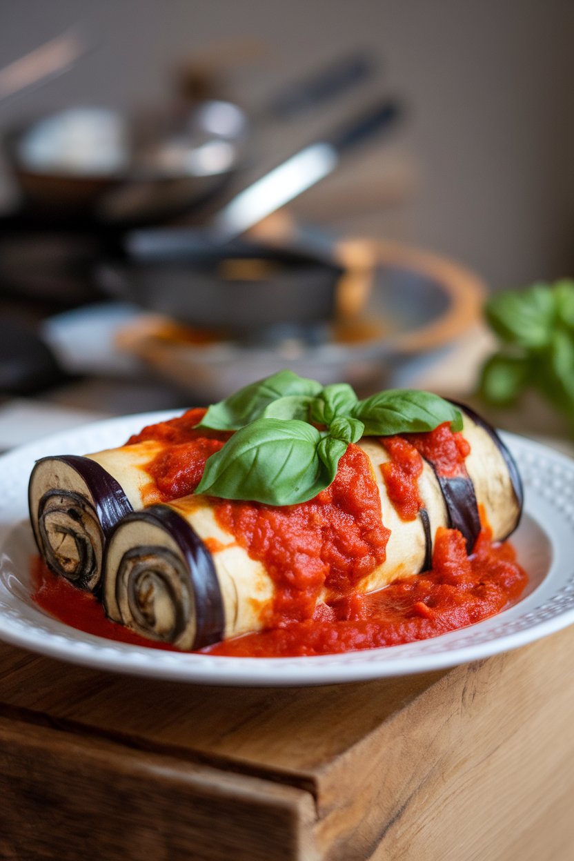 Indoor photo of rolled eggplant slices stuffed with vegan ricotta, baked in marinara sauce, basil leaves on top, no text or logos