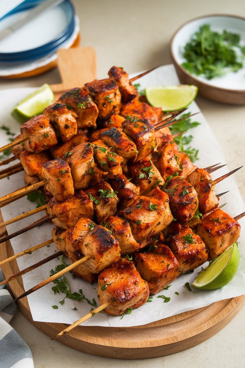 Indoor platter of cooked chicken kebab pieces glazed with chili-lime sauce. No text or logos.