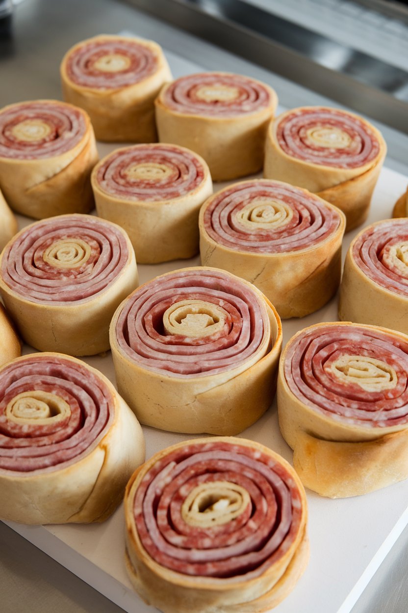 An indoor board featuring cut stromboli pinwheels with visible layers of ham, salami, and cheese, no logos or text.